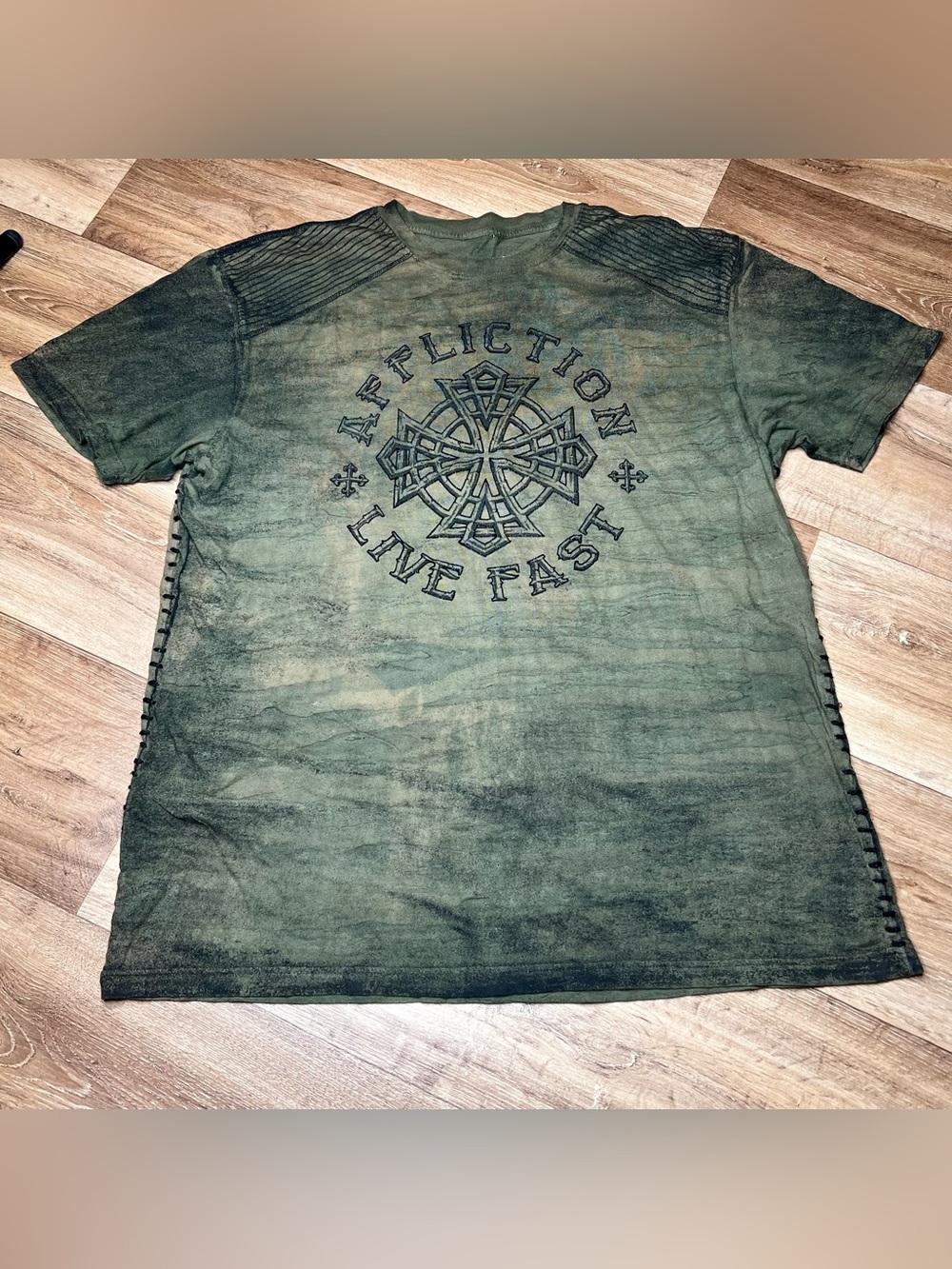 Affliction Shirt Men 3XLarge Olive Green Cross Eagle Graphic Crest  Short Sleeve